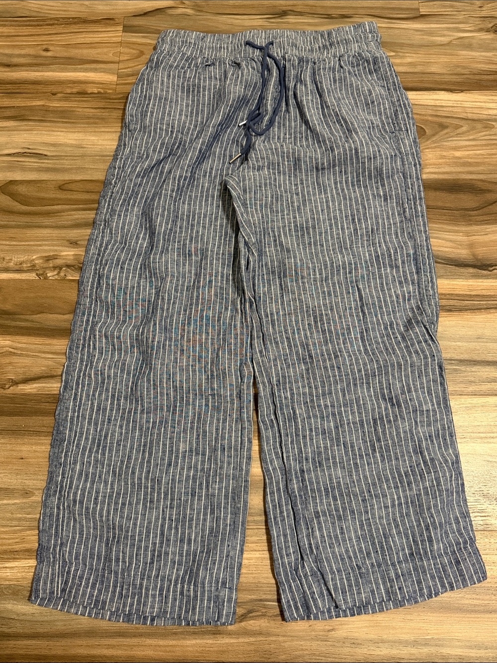 Quince European Linen Wide Leg Drawstring Pants Chambray Stripe Women XL Coastal